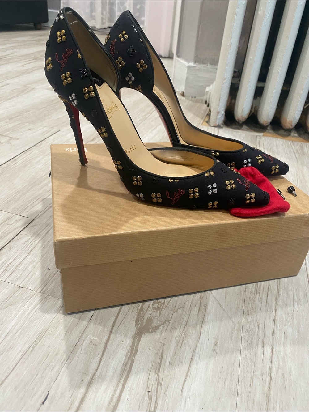 Christian Louboutin Black Embellished Pointed-Toe Stilettos with Red Soles